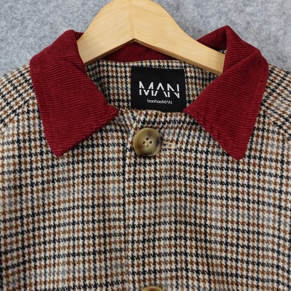 Tweed Houndstooth Car Coat Mens Small Beige Check Corduroy Collared BOOHOO MAN - Picture 11 of 14